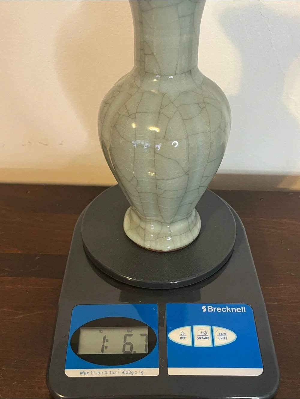 Vintage Chinese Ge ware celadon crackle vase gray blue glaze 8.5
